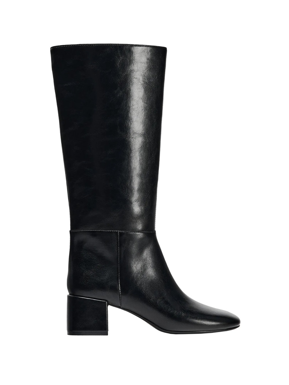 Zara Black Leather Knee-High Block Heel Boots